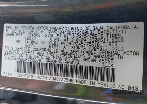 2012 Toyota Tacoma Prerunner V6 from USA, damaged, VIN 3TMJU4GN9CM129888